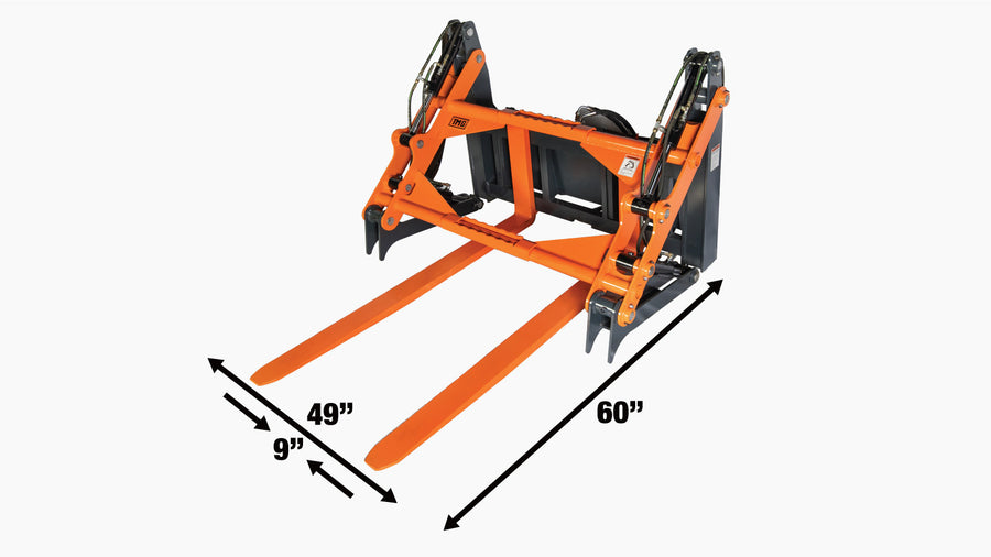 60" Four-Cylinder Pallet Fork Pipe Grapple, 6200-lb Lift Capacity, ITA Class III Forged Tines, Skid Steer Mount, TMG-SPG60