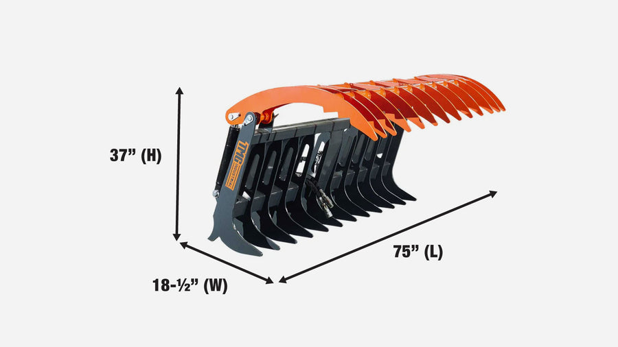 Skid Steer Skeleton Root Rake Grapple, 2600 LB Grapple Capacity, Twin Cylinders, 7" Tine Spacing, TMG-SRR72