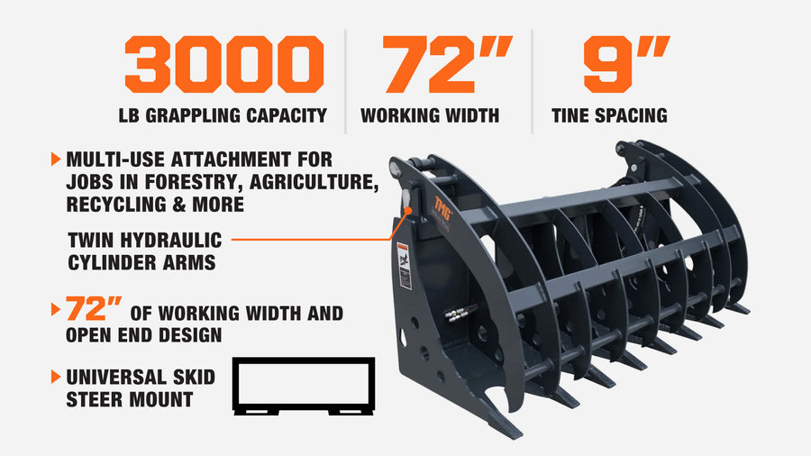 72" Skid Steer Root Rake Clamshell Grapple, Universal Mount, 54" Jaw Opening, 3000 lb Weight Capacity, TMG-SRR75