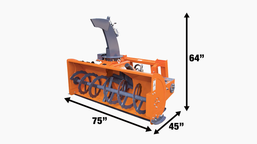 Souffleur à neige de 72 po pour chargeuse compacte, chargeur de 45 à 75 HP requis, turbine de 24 po de diamètre, goulotte à neige motorisée à 360°, TMG-SSB72