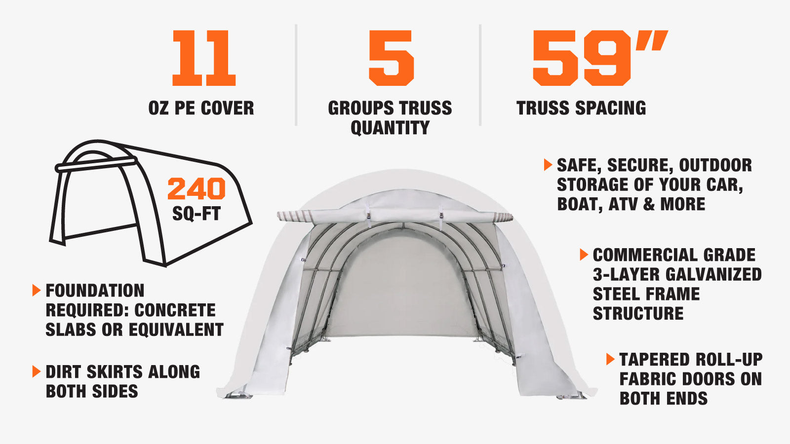 TMG Industrial 12’ x 20’ Car Shelter w/Rounded Roof & Heavy-Duty 11 OZ PE Fabric Cover, Galvanized Steel Frame, Roll-Up Doors, TMG-ST1220R-description-image