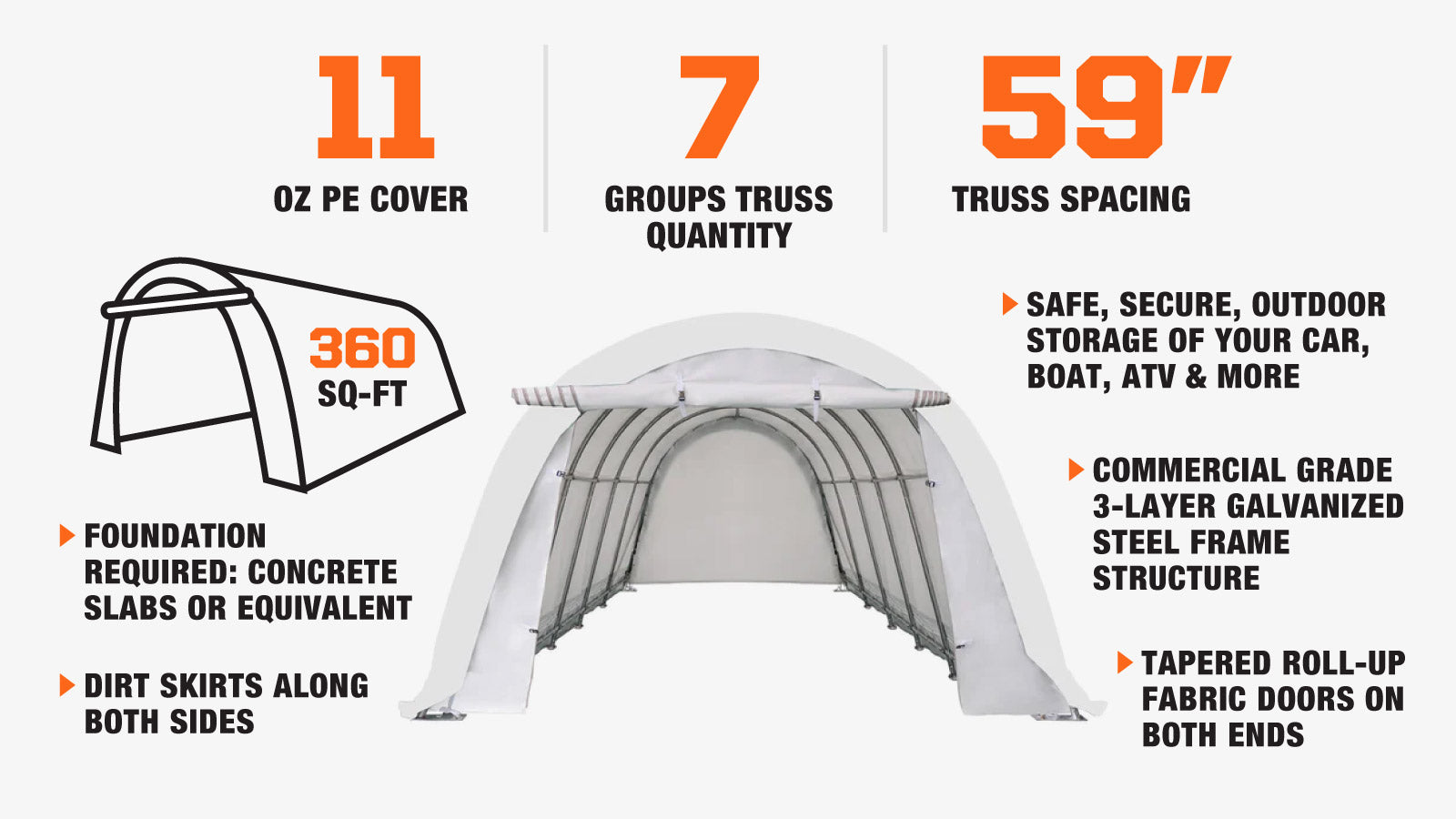 TMG Industrial 12’ x 30’ Car Shelter w/Rounded Roof & Heavy-Duty 11 OZ PE Fabric Cover, Galvanized Steel Frame, Roll-Up Doors, TMG-ST1230R-description-image
