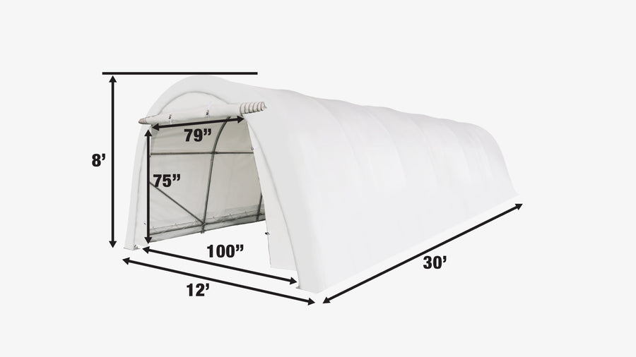 12' x 30' Car Shelter w/Rounded Roof & Heavy-Duty 11 OZ PE Fabric Cover, Galvanized Steel Frame, Fabric front roll-up door, TMG-ST1230R
