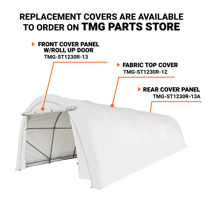 TMG Industrial 12’ x 30’ Car Shelter w/Rounded Roof & Heavy-Duty 11 OZ PE Fabric Cover, Galvanized Steel Frame, Roll-Up Doors, TMG-ST1230R