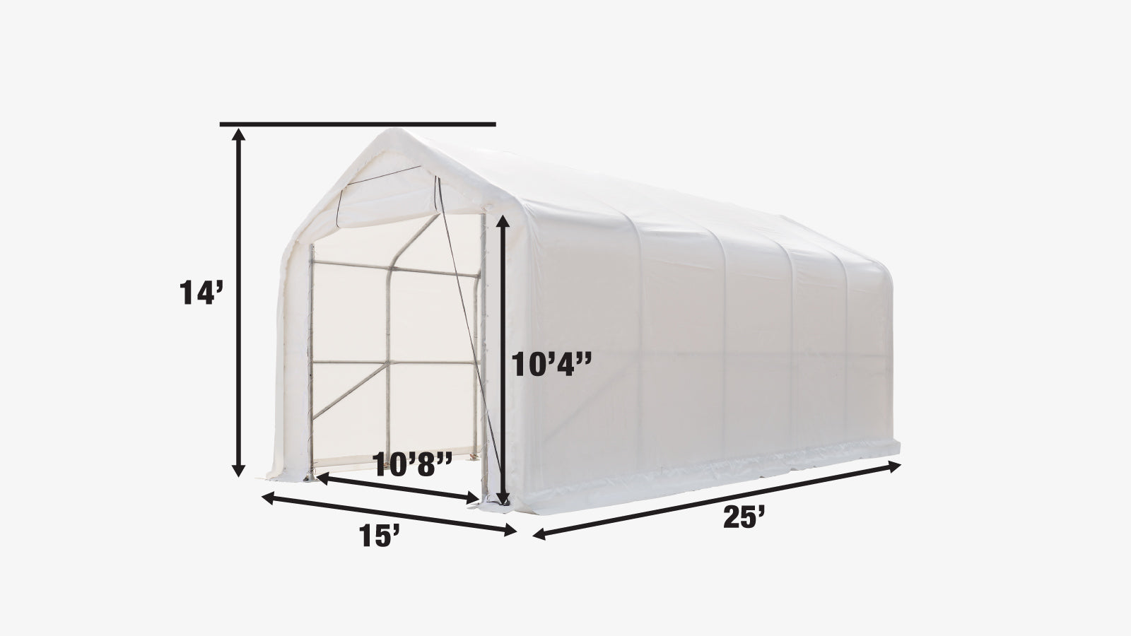 TMG Industrial 15’ x 25’ RV/Motorhome Storage Shelter, 17 oz PVC Fabric Cover, Front Roll-Up Door, Enclosed Rear Wall, 3-Layer Galvanized Steel Frame, 10’ Straight Sidewalls, TMG-ST1525-specifications-image