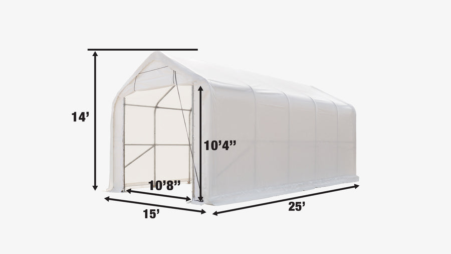 15' x 25' RV Carport Motorhome Storage Shelter, 17 oz PVC Fabric Cover, Front Roll-Up Door, Enclosed Rear Wall, 3-Layer Galvanized Steel Frame, 10' Straight Sidewalls, TMG-ST1525