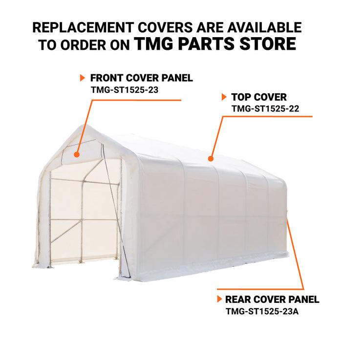 TMG Industrial 15’ x 25’ RV/Motorhome Storage Shelter, 17 oz PVC Fabric Cover, Front Roll-Up Door, Enclosed Rear Wall, 3-Layer Galvanized Steel Frame, 10’ Straight Sidewalls, TMG-ST1525
