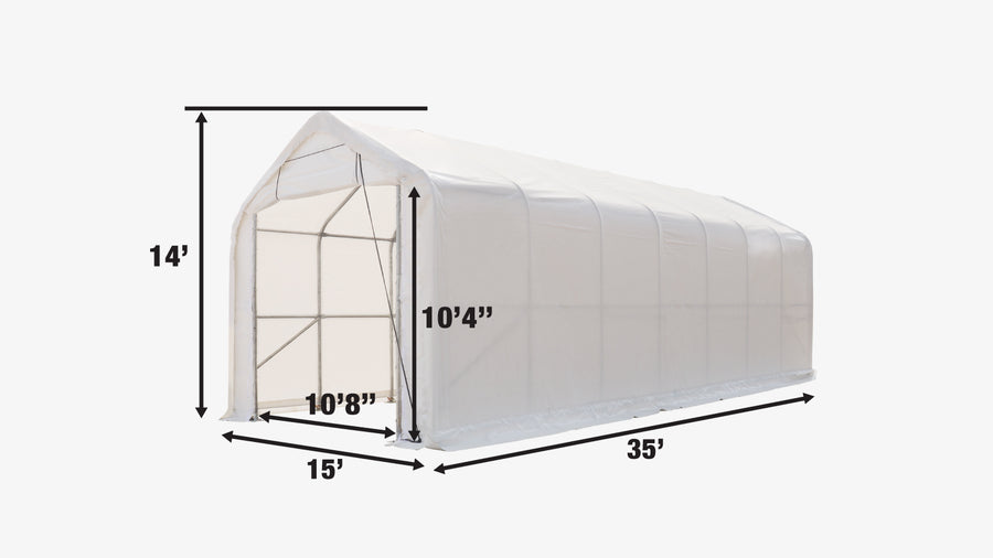 TMG Industrial 15' x 35' Abri de rangement pour camping-car/camping-car, couverture en tissu PVC 17 oz, porte avant à enroulement, paroi arrière fermée, cadre en acier galvanisé à 3 couches, parois latérales droites 10', TMG-ST1535