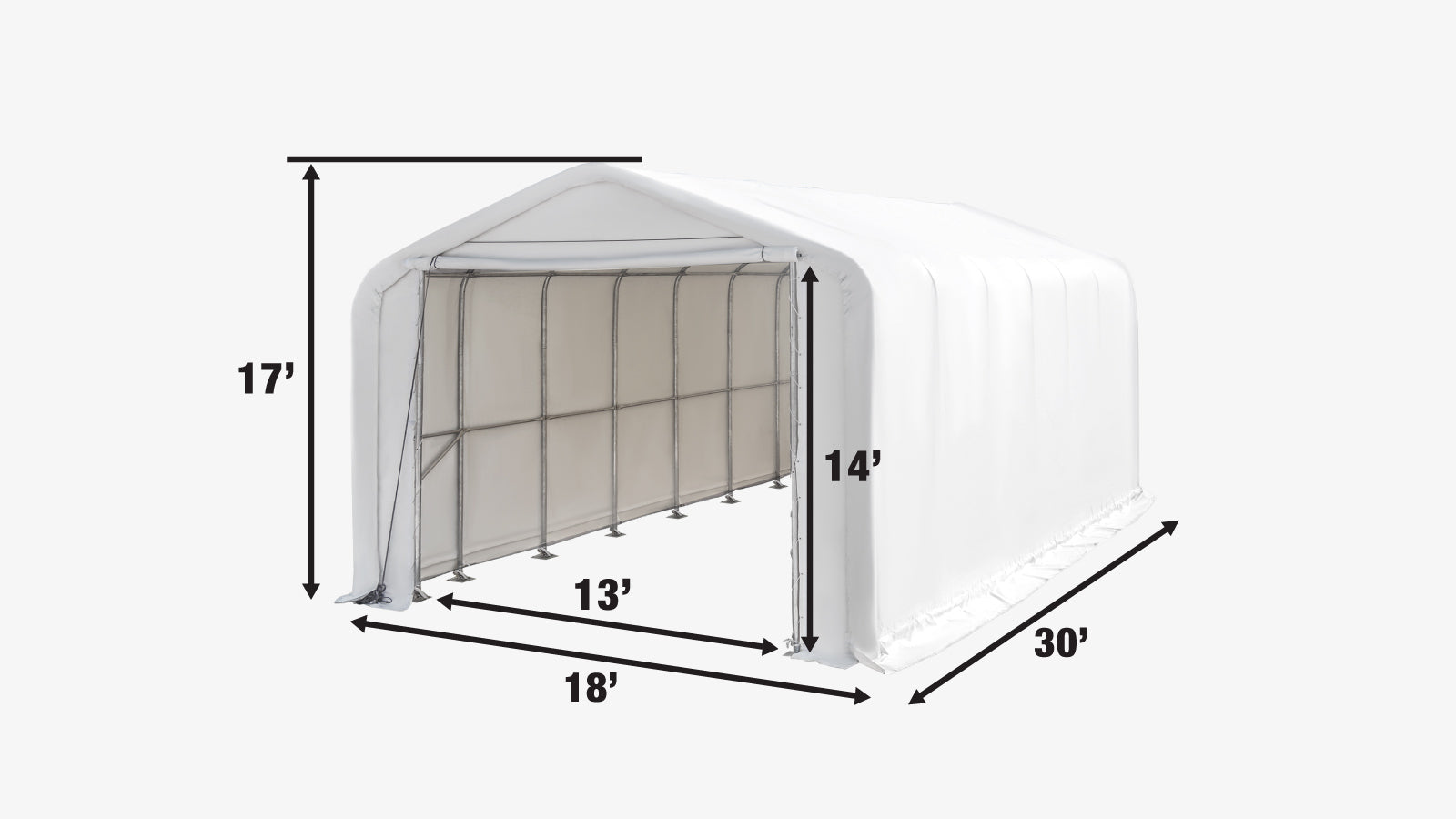 TMG Industrial 18’ x 30’ RV/Motorhome Storage Shelter, 17 oz PVC Fabric Cover, Front Roll-Up Door, Enclosed Rear Wall, 3-Layer Galvanized Steel Frame, 13’ Straight Sidewalls, TMG-ST1830-specifications-image