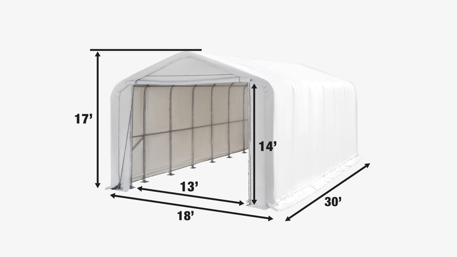 18' x 30' RV Carport Motorhome Storage Shelter, 17 oz PVC Fabric Cover, Front Roll-Up Door, Enclosed Rear Wall, 3-Layer Galvanized Steel Frame, 13' Straight Sidewalls, TMG-ST1830