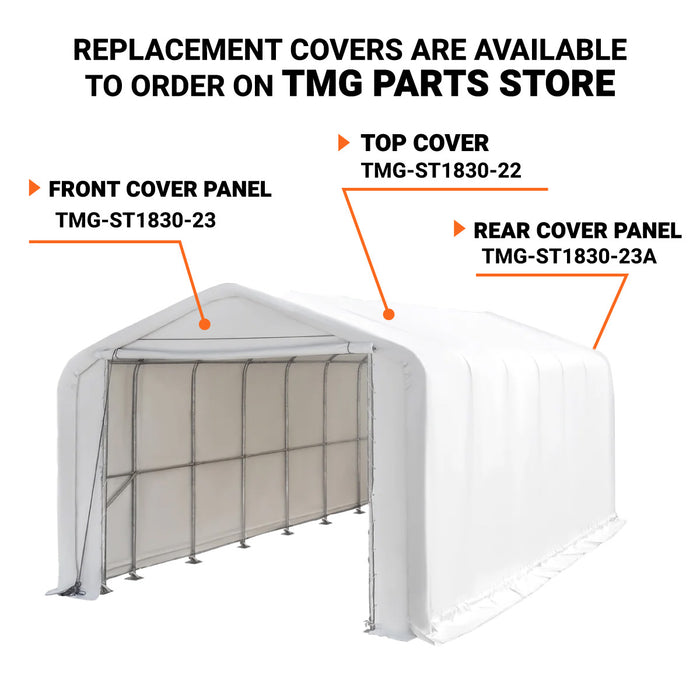 TMG Industrial 18’ x 30’ RV/Motorhome Storage Shelter, 17 oz PVC Fabric Cover, Front Roll-Up Door, Enclosed Rear Wall, 3-Layer Galvanized Steel Frame, 13’ Straight Sidewalls, TMG-ST1830