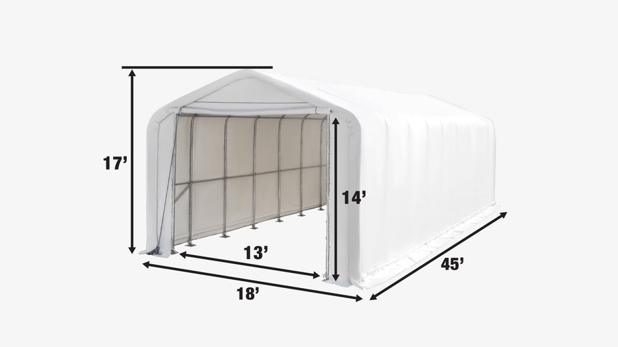 18' x 45' RV Carport Motorhome Storage Shelter, 17 oz PVC Fabric Cover, Front Roll-Up Door, Enclosed Rear Wall, 3-Layer Galvanized Steel Frame, 13' Straight Sidewalls, TMG-ST1845