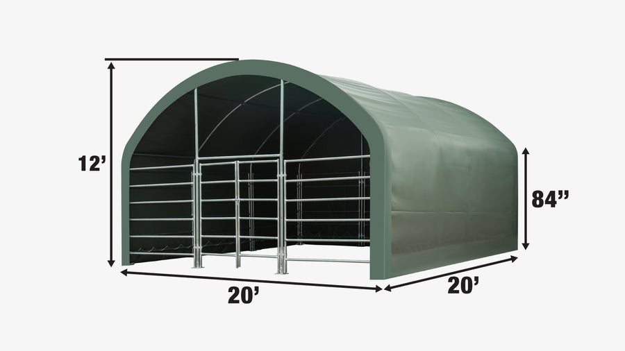 TMG Industrial 20' x 20' Abri de corral pour bétail, structure enduite de poudre, toit en dôme de 12', revêtement en tissu PVC vert militaire de 17 oz, panneaux de corral à 6 barres, porte pivotante avant de 5', TMG-ST2020L