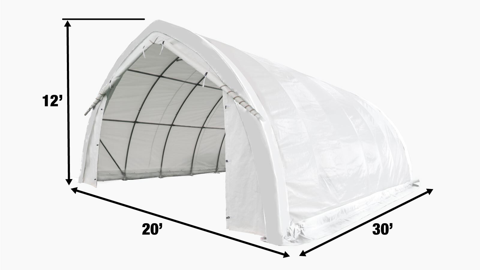 TMG Industrial 20' x 30' Arch Wall Peak Ceiling Storage Shelter with Heavy Duty 17 oz PVC Cover & Drive Through Doors, TMG-ST2031PV(Previously ST2030PV)-specifications-image