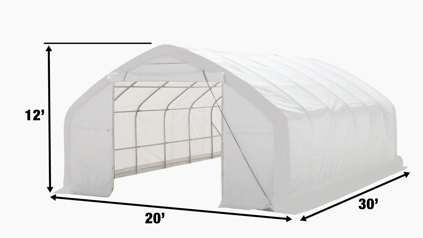 TMG Industrial 20' x 30' Straight Wall Peak Ceiling Storage Shelter with Heavy Duty 17 oz PVC Cover & Drive Through Door, TMG-ST2031V (Previously ST2030V)-specifications-image