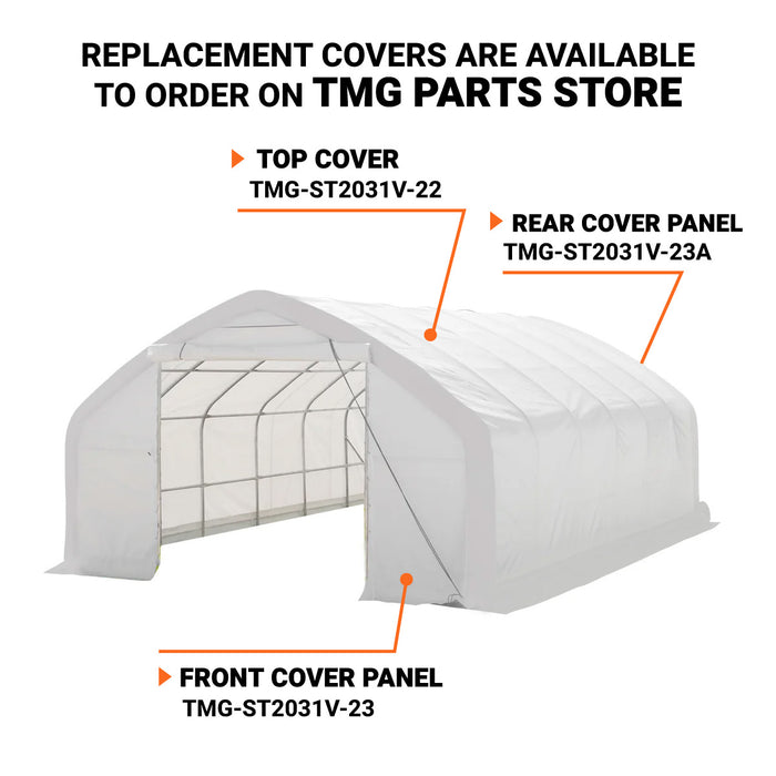 TMG Industrial 20' x 30' Straight Wall Peak Ceiling Storage Shelter with Heavy Duty 17 oz PVC Cover & Drive Through Door, TMG-ST2031V (Previously ST2030V)