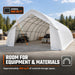 Front-open shelter showing vehicle and stored materials, 20' x 40' Arch Wall Peak Ceiling Storage Shelter
