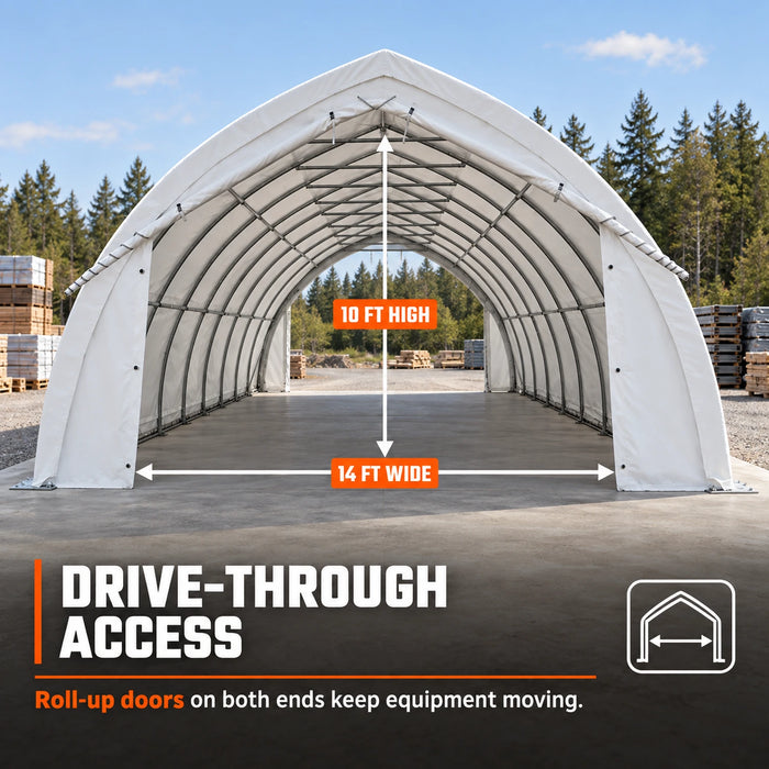 Front drive-through opening showing width, height callouts, 20' x 40' Arch Wall Peak Ceiling Storage Shelter