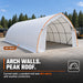 Exterior angle showing dirt skirting and door, 20' x 40' Arch Wall Peak Ceiling Storage Shelter