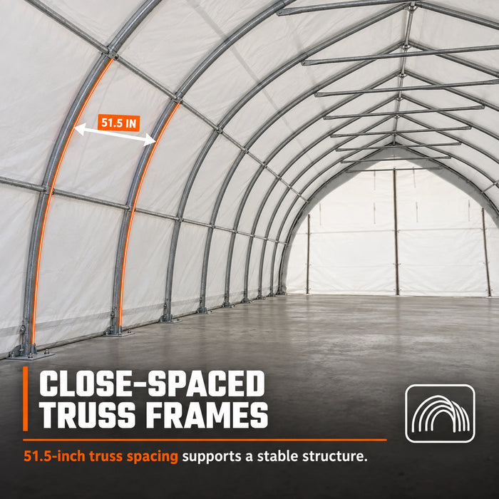 Interior truss frames highlighted with spacing callout, 20' x 40' Arch Wall Peak Ceiling Storage Shelter