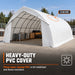 Open shelter with pallets and PVC cover callout, 20'x40' Arch Wall Peak Ceiling Storage Shelter