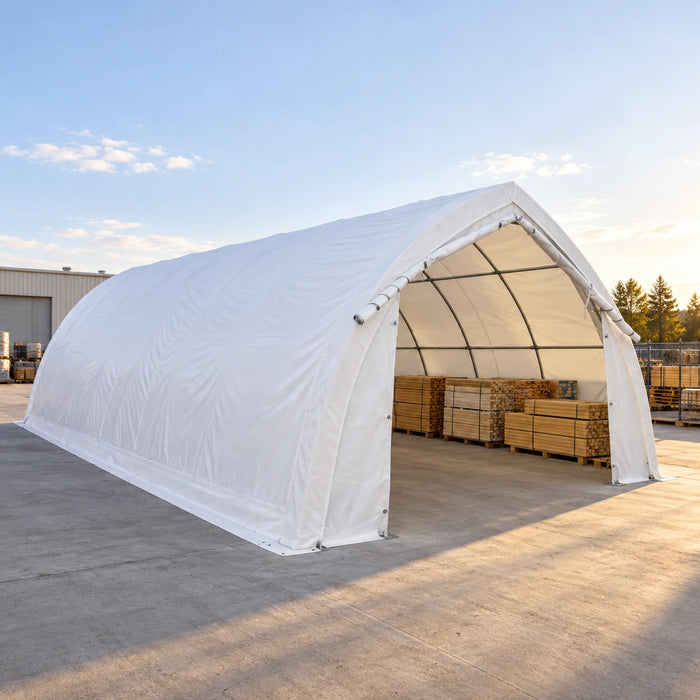 Outdoor installation showing shelter storing lumber pallets, 20' x 40' Arch Wall Peak Ceiling Storage Shelter