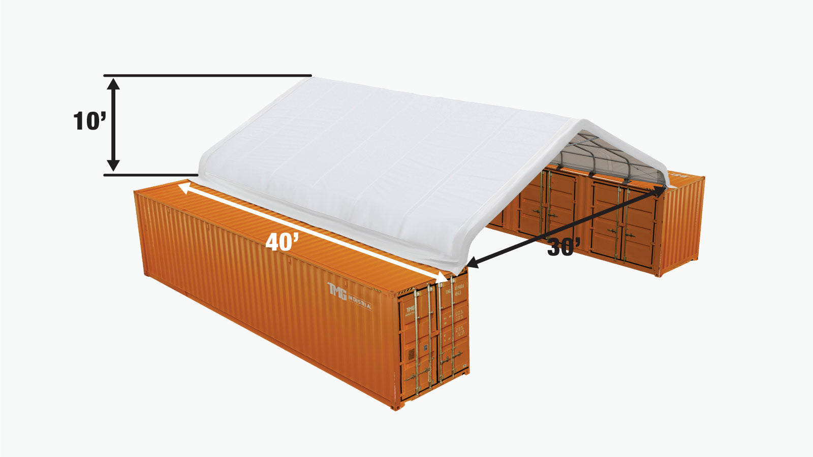 <tc>TMG Industrial Abri de toit pour conteneur en tissu PE Pro Series 30' x 40', ignifuge, résistant à l'eau, protégé contre les UV, TMG-ST3041CE (anciennement TMG-ST3040CE)</tc>-specifications-image