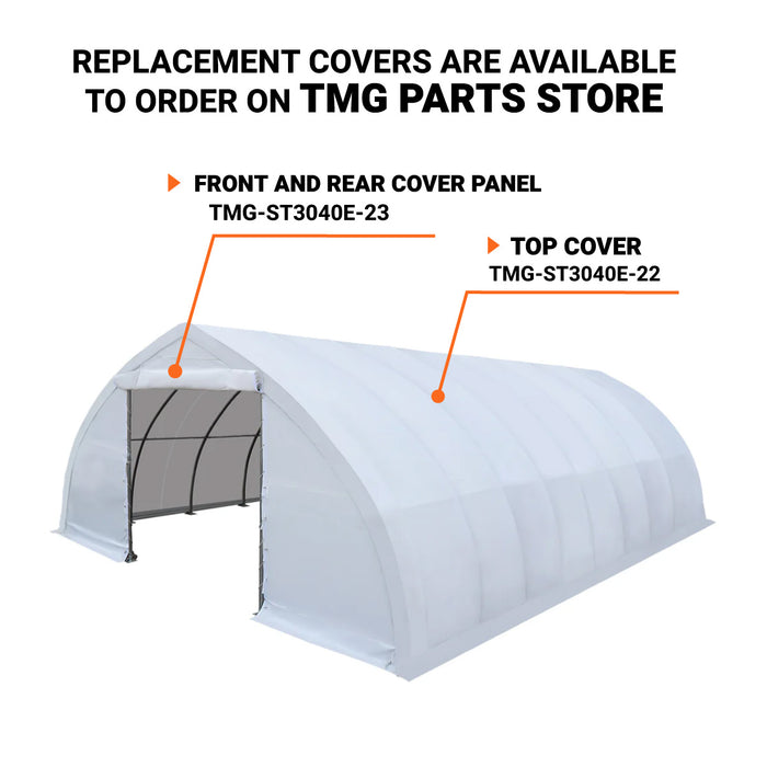 TMG Industrial 30' x 40' Peak Ceiling Storage Shelter with Heavy Duty 11 oz PE Cover & Drive Through Doors, TMG-ST3040E (Previously ST3040)