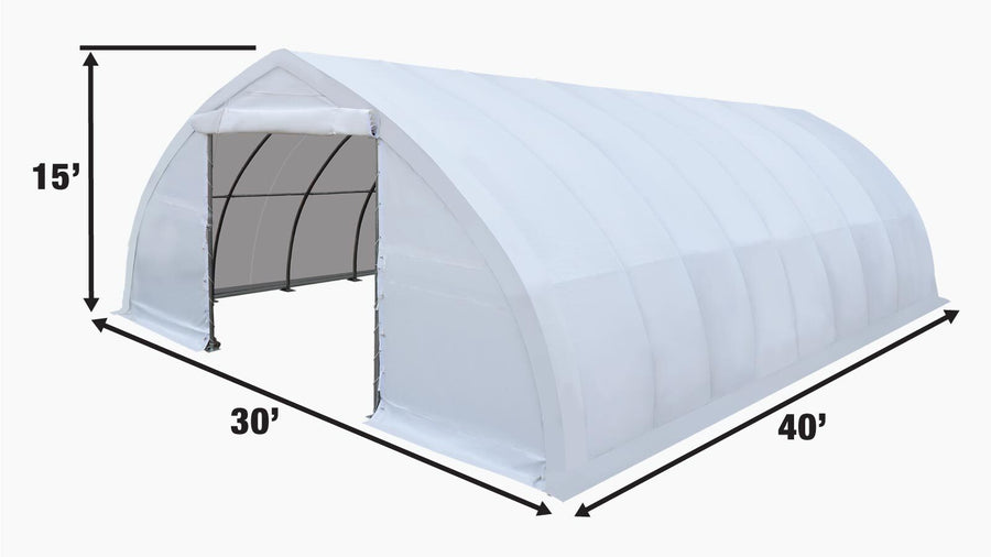 30' x 40' Peak Ceiling Storage Shelter with Heavy Duty 17 oz PVC Cover & Drive Through Doors, TMG-ST3040V(Discontinued – No Longer Available)