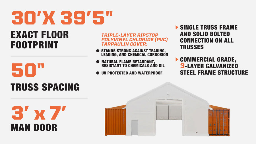 30' x 40' Container Peak Roof Shelter with Heavy Duty 17 oz PVC Cover, Fully Enclosed front and back endwalls, TMG-ST3042CG