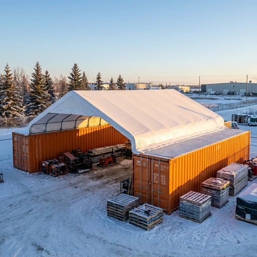 30' x 40' PVC Fabric Container Shelter, Peak Roof, with End Wall & Partial Front Drop, TMG-ST3042CVF (Previously ST3041CVF) TMG Industrial CA