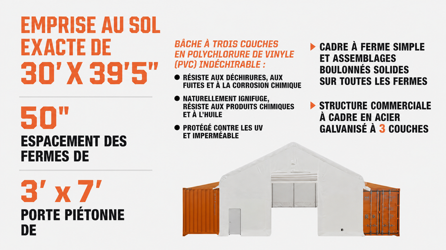 Abri de 30' x 40' pour conteneur, toit en pointe, avec toile PVC robuste de 17 oz, pignons avant et arrière entièrement fermés, TMG-ST3042CG