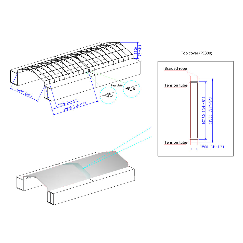 Connection Kit for Connecting Two TMG-ST3042C 30’ Container Shelters, For 7.2’ Structure Height Only, 11 oz PE Tarpaulin, TMG-ST3042CNT