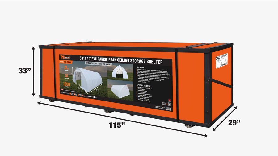 30' x 40' Peak Ceiling Storage Shelter with Heavy Duty 17 oz PVC Cover & Drive Through Doors, TMG-ST3040V(Discontinued – No Longer Available)