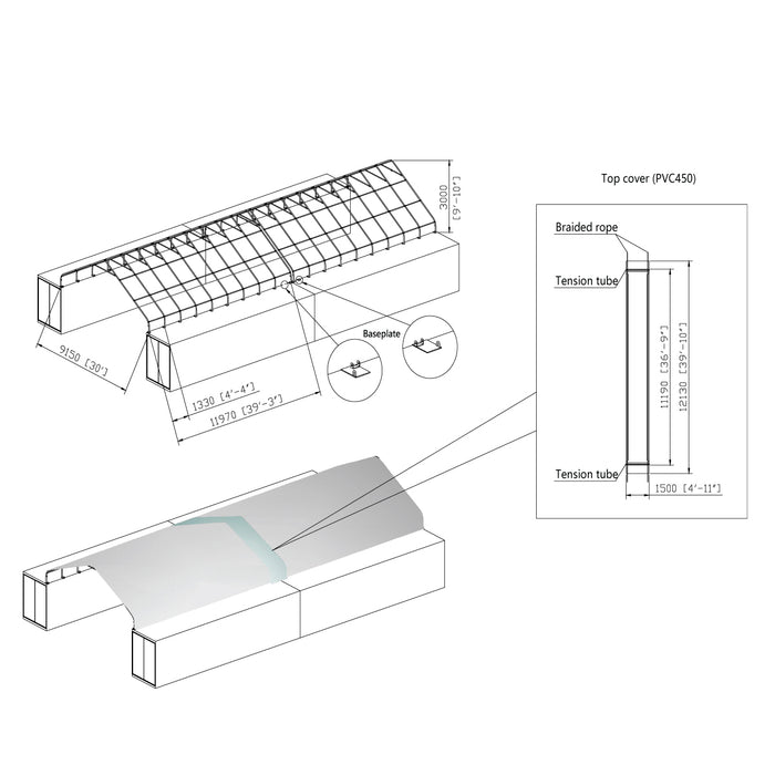 Kit de connexion pour raccorder deux abris conteneurs TMG-ST3042CE ou ST3042CV de 30 pieds, pour une hauteur de structure de 10 pieds seulement, toile PVC 17 oz, TMG-ST3042VCNT