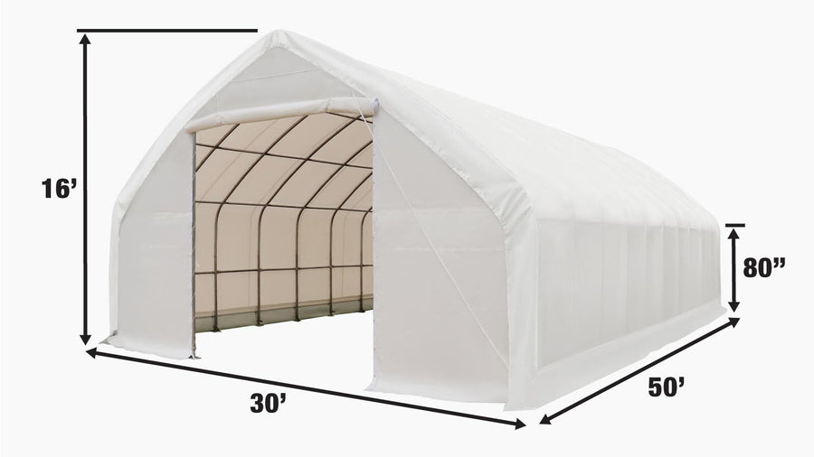 <tc>TMG Industrial TMG-ST3050V Abri de rangement pour plafond à mur droit de 30 pi x 50 pi avec couverture en PVC robuste de 17 oz et portes traversantes</tc>