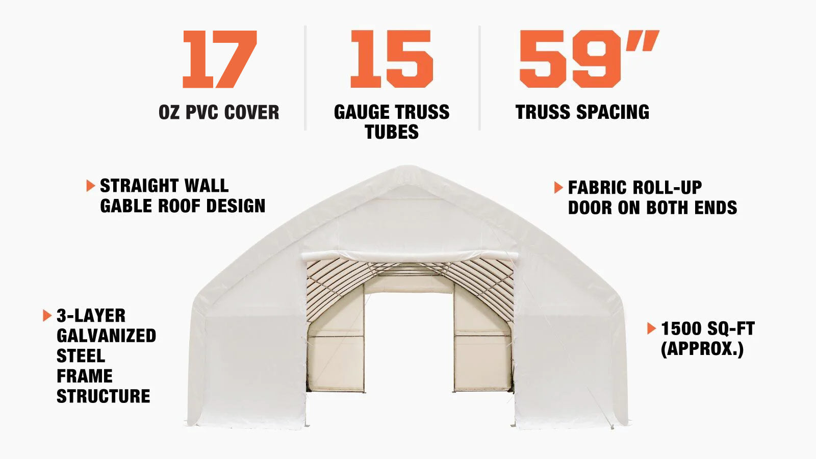 TMG Industrial 30' x 50' Straight Wall Peak Ceiling Storage Shelter with Heavy Duty 17 oz PVC Cover & Drive Through Doors, TMG-ST3050V-description-image