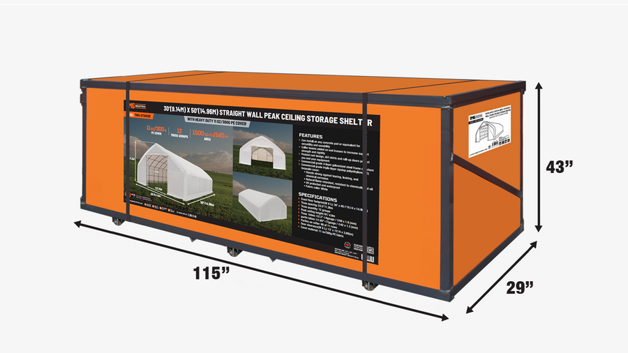 30' x 50' Straight Wall Peak Ceiling Storage Shelter with Heavy Duty 10 oz PE Cover TMG-ST3052E (Previously ST3050E)