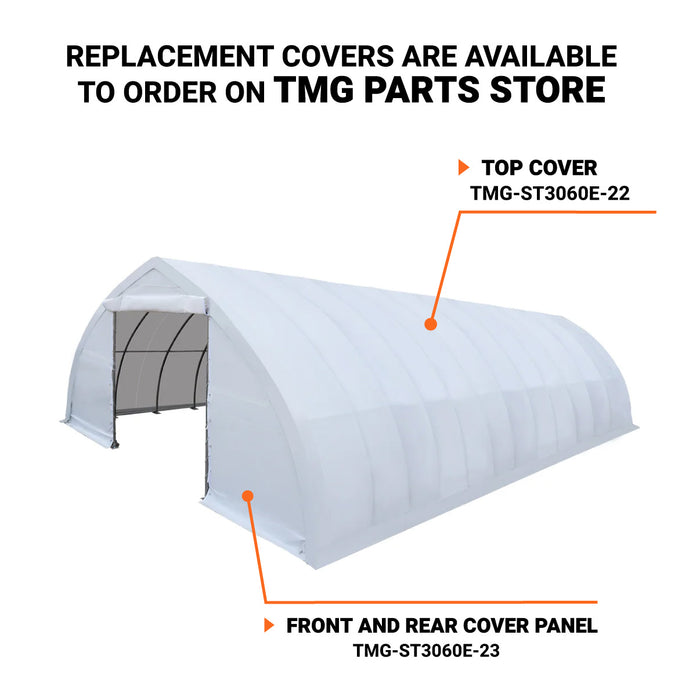 <tc>TMG Industrial Abri de rangement au plafond de 30 pi x 60 pi avec couvercle en PE robuste de 11 oz et portes traversantes, TMG-ST3060E (précédemment ST3060)</tc>