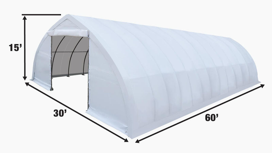 30' x 60' Peak Ceiling Storage Shelter with Heavy Duty 17 oz PVC Cover & Drive Through Doors, TMG-ST3060V (Discontinued – No Longer Available)