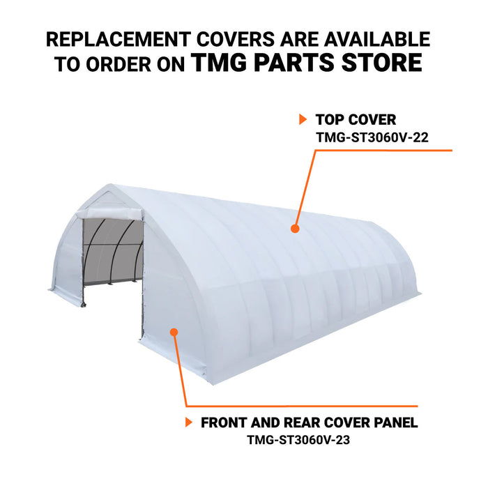 TMG Industrial TMG-ST3060V Abri de stockage au plafond de 30 pi x 60 pi avec couverture en PVC robuste de 17 oz et portes traversantes