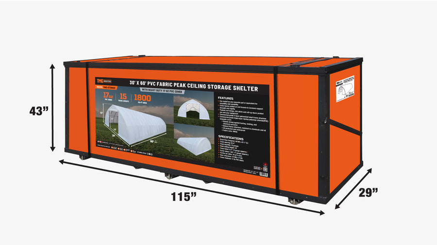 30' x 60' Peak Ceiling Storage Shelter with Heavy Duty 17 oz PVC Cover & Drive Through Doors, TMG-ST3060V (Discontinued – No Longer Available)