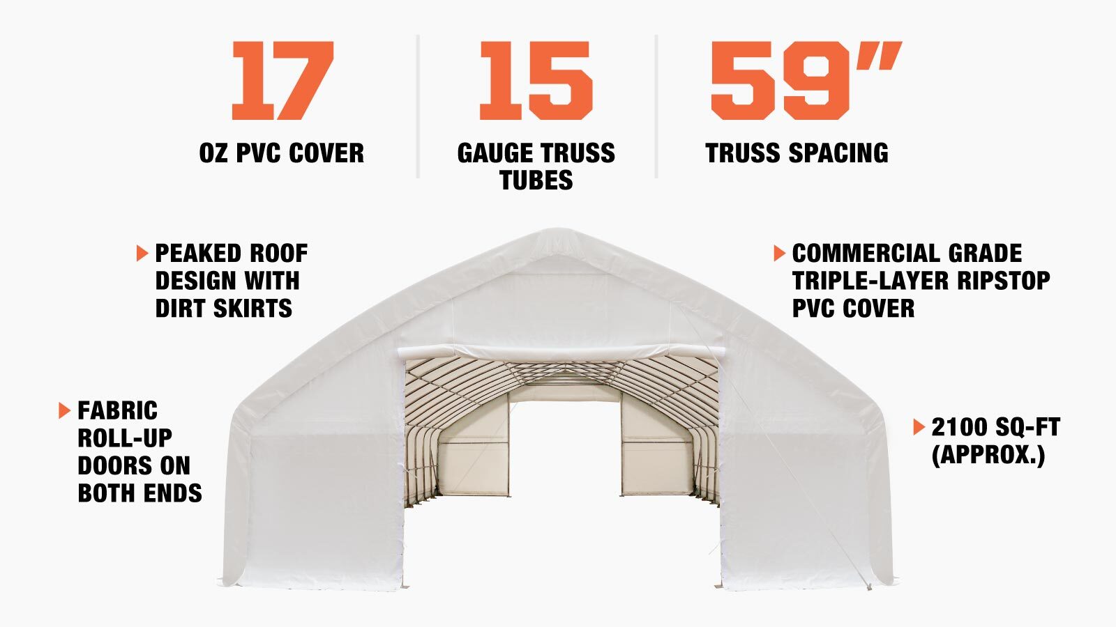TMG Industrial 30' x 70' Straight Wall Peak Ceiling Storage Shelter with Heavy Duty 17 oz PVC Cover & Drive Through Doors, TMG-ST3070V-description-image