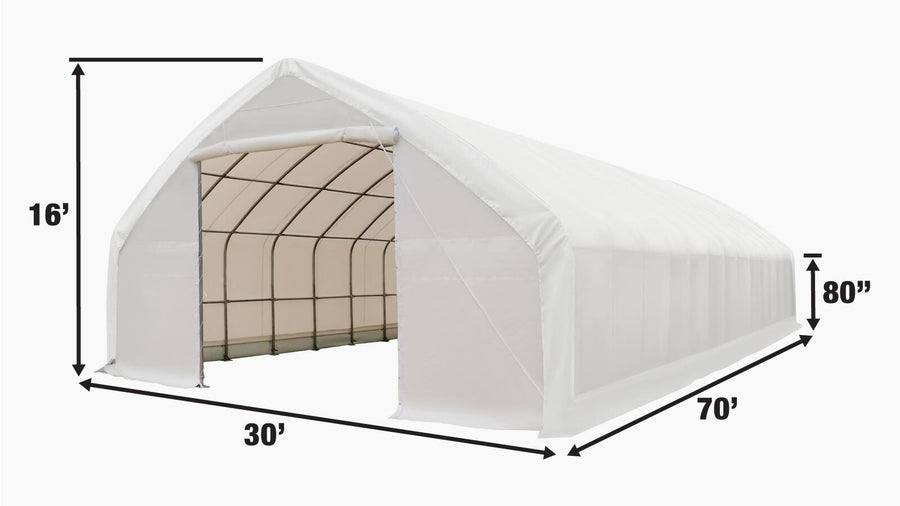 TMG Industrial TMG-ST3070V Abri de rangement pour plafond à mur droit de 30 pi x 70 pi avec couverture en PVC robuste de 17 oz et portes traversantes