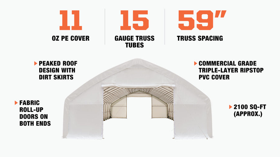 30' x 70' Straight Wall Peak Ceiling Storage Shelter with Heavy Duty 11 oz PE Cover & Drive Through Doors, (Discontinued – No Longer Available) TMG-ST3070E(Previously ST3070)