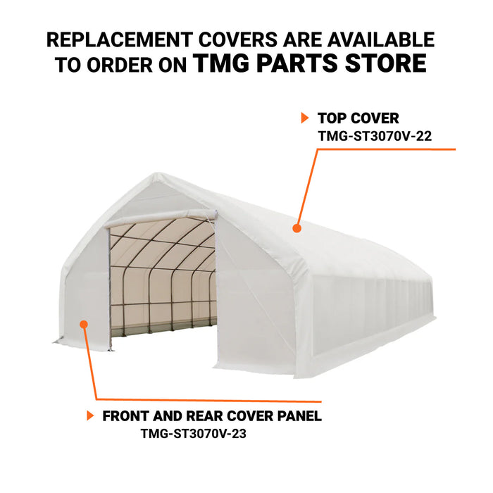 TMG Industrial 30' x 70' Straight Wall Peak Ceiling Storage Shelter with Heavy Duty 17 oz PVC Cover & Drive Through Doors, TMG-ST3070V