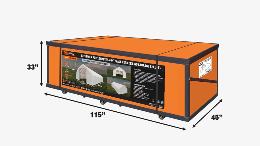 Abri de stockage à plafond en pointe avec parois droites de 30 pi x 70 pi et bâche en PVC robuste de 17 oz TMG-ST3072V (anciennement ST3070V)