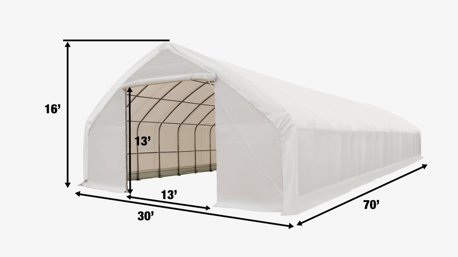 Abri de stockage à plafond en pointe avec parois droites de 30 pi x 70 pi et bâche en PVC robuste de 17 oz TMG-ST3072V (anciennement ST3070V)