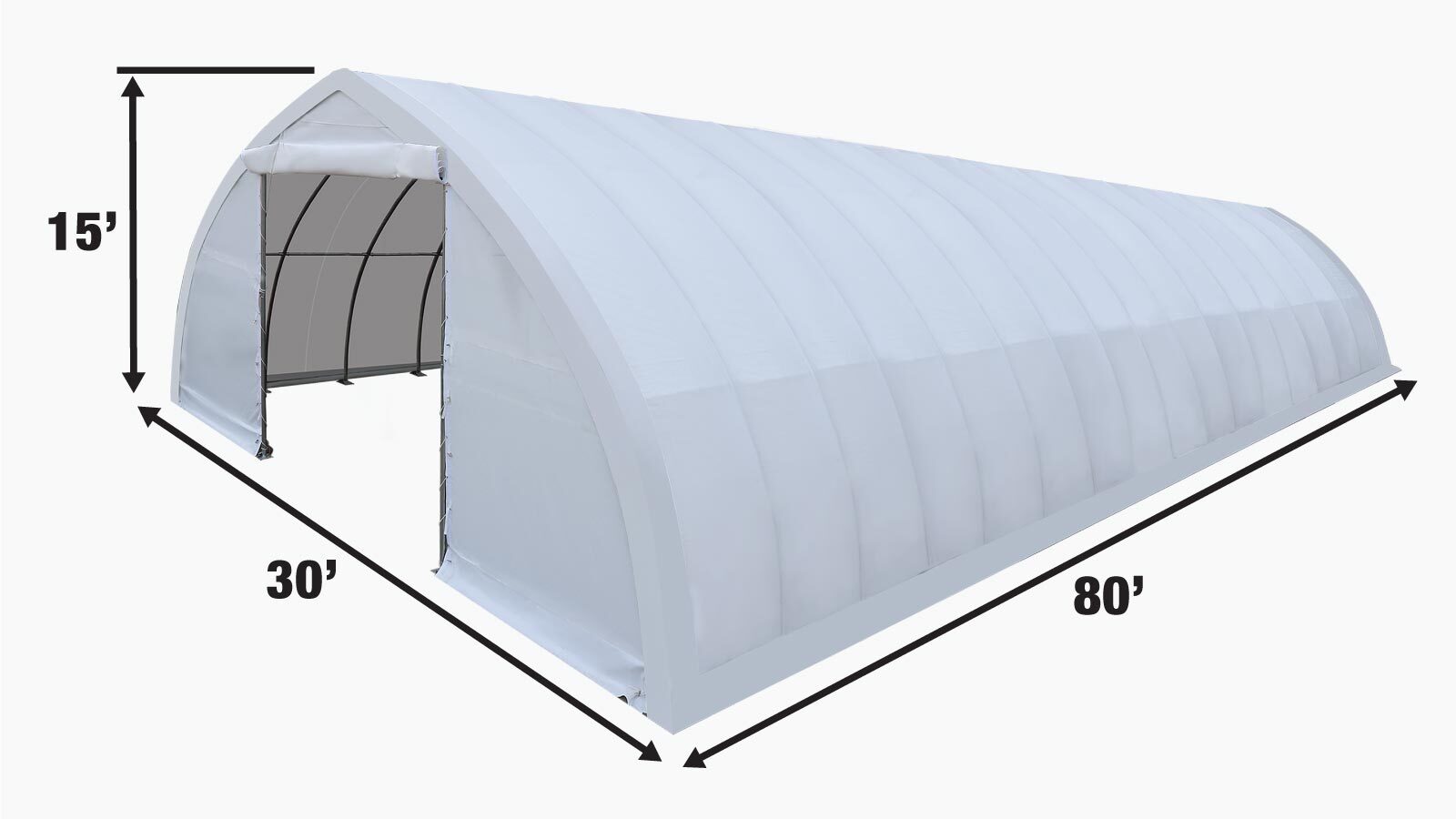 TMG Industrial 30' x 80' Peak Ceiling Storage Shelter with Heavy Duty 17 oz PVC Cover & Drive Through Doors, TMG-ST3080V-specifications-image