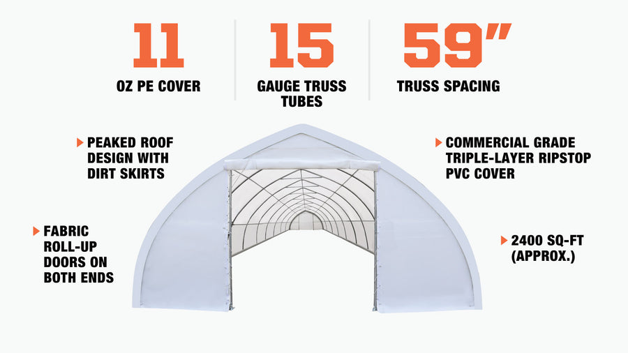 30' x 80' Peak Ceiling Storage Shelter with Heavy Duty 11 oz PE Cover & Drive Through Doors, TMG-ST3080E (Previously ST3080)
